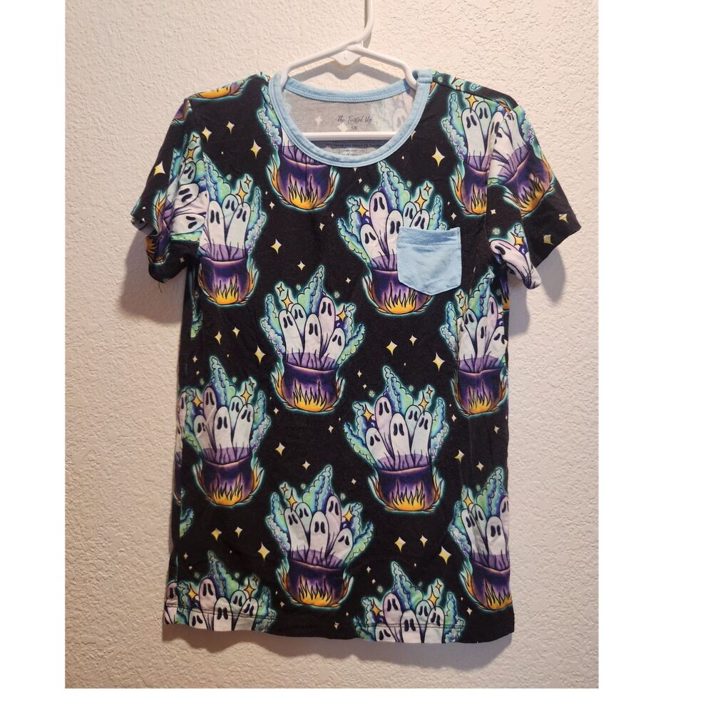 The Twisted Lily Girls T-Shirt Ghost Print Pocket Black Blue Size 5/6